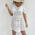 thumbnail image 2 of Laqbezok Women's Crochet Beach Cover Up, Sexy V-Neck Short Sleeve Lace Mini Dress Beachwear, See Through Drawstring Waist Sundress for Summer Resort, 2 of 6