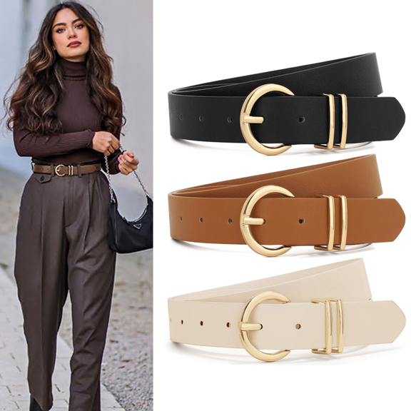 3pcs Women Leather Belts Skinny Solid Color Pin Buckle Black Brown & Beige Belts for Womens