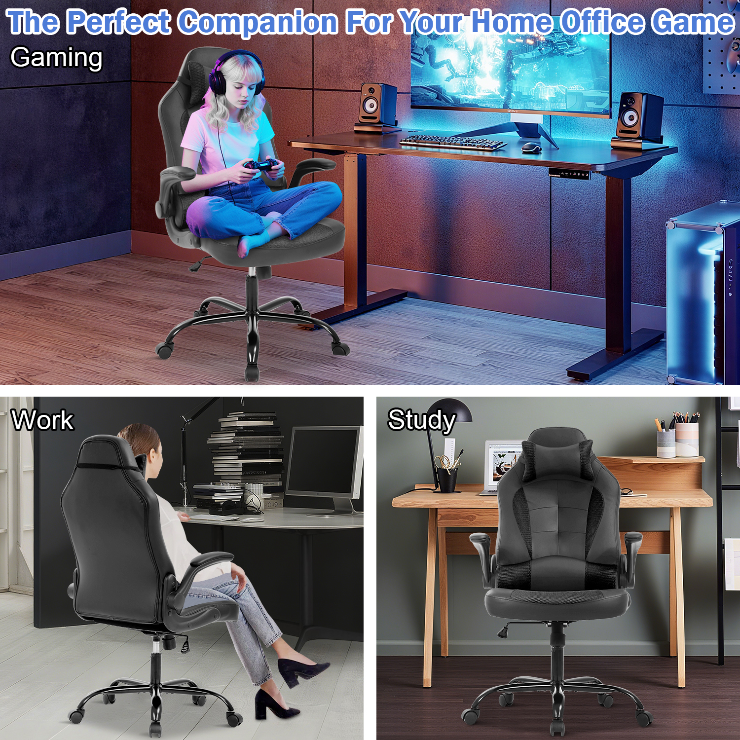 Video Game Chair High Back Gaming Chair PU Leather Racing Chair with Headrest Lumbar Support & Flip-up Arms , Adjustable Gamer Chair for Adults & Kids, Black