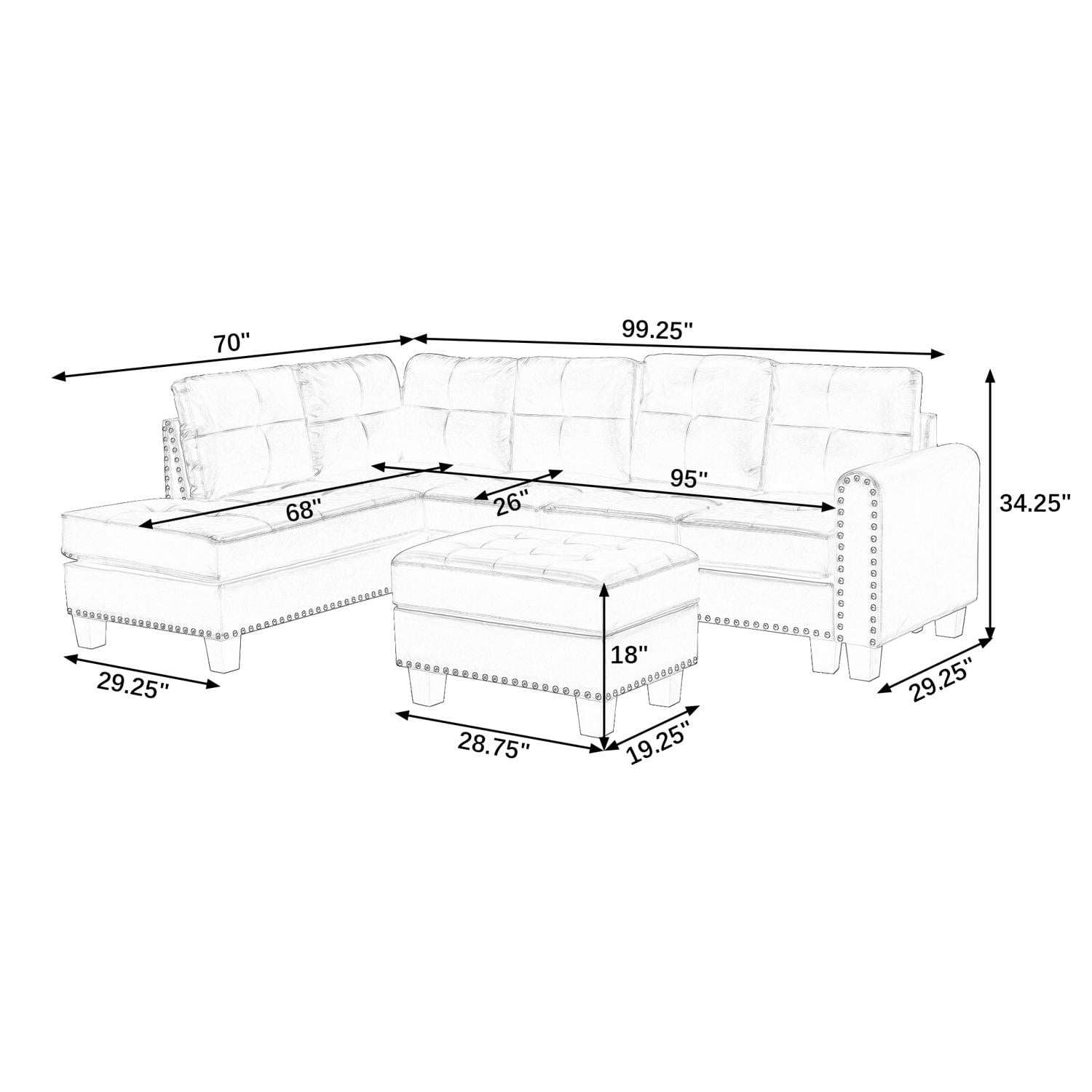 97" W L Shaped Sofa with Storage Ottoman,L Shaped Couch,Modern Sectional Sofa for Living Room,Bedroom,Office,Grey