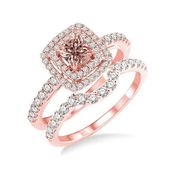 Double Halo 1.50 Carat Princess cut Morganite and Diamond Wedding Set in 14k Rose Gold morganite and diamond engagement ring