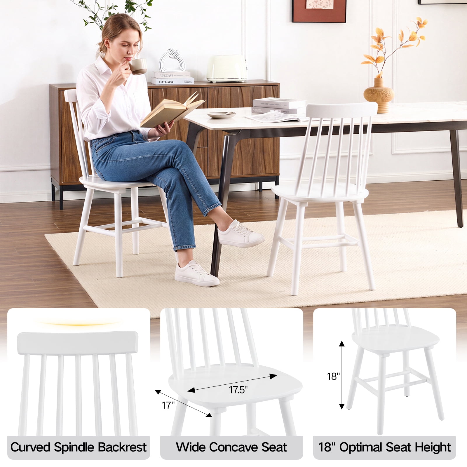Farmhouse Windsor Dining Chairs Set of 6, Solid Wood Spindle Back Kitchen Chairs for Dining Room, White