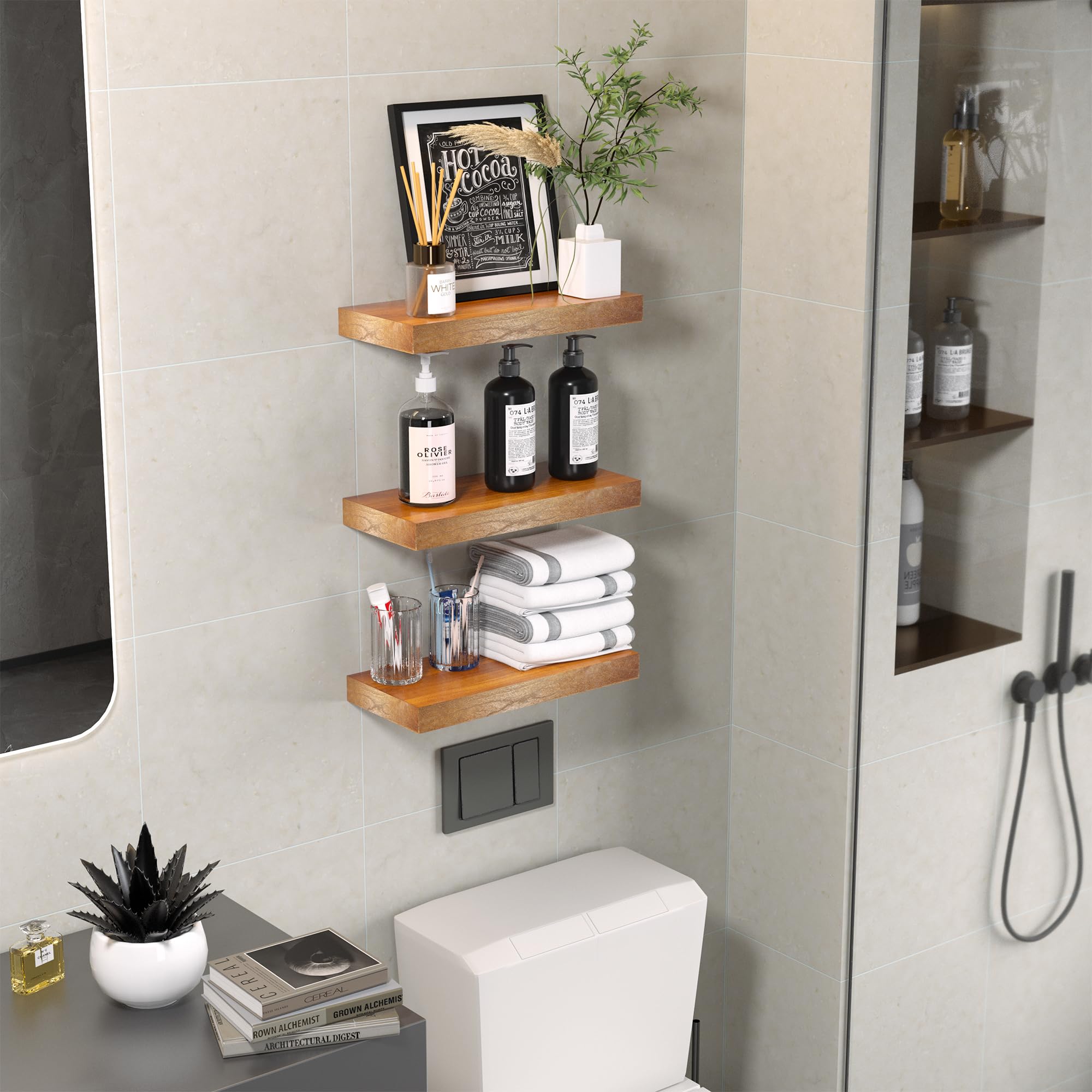 Floating Shelves for Wall Set of 3-Rustic Brown Solid Wood Wall Mounted Shelves,16" Long x 7" Deep x 1.6" Thick,Heavy Duty Shelving for Bedroom, Living Room, Kitchen, Bathroom (16inch)