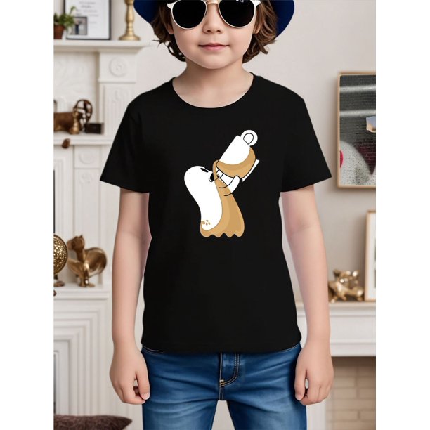 Halloween T-shirt -Lightweight & Breathable | Playful Ghost Print unisex Shirt | 100% Cotton Top with Glasses & Hat Design, Casual Crew Neck, Short Sleeve, allseason Top|Playful Print Top