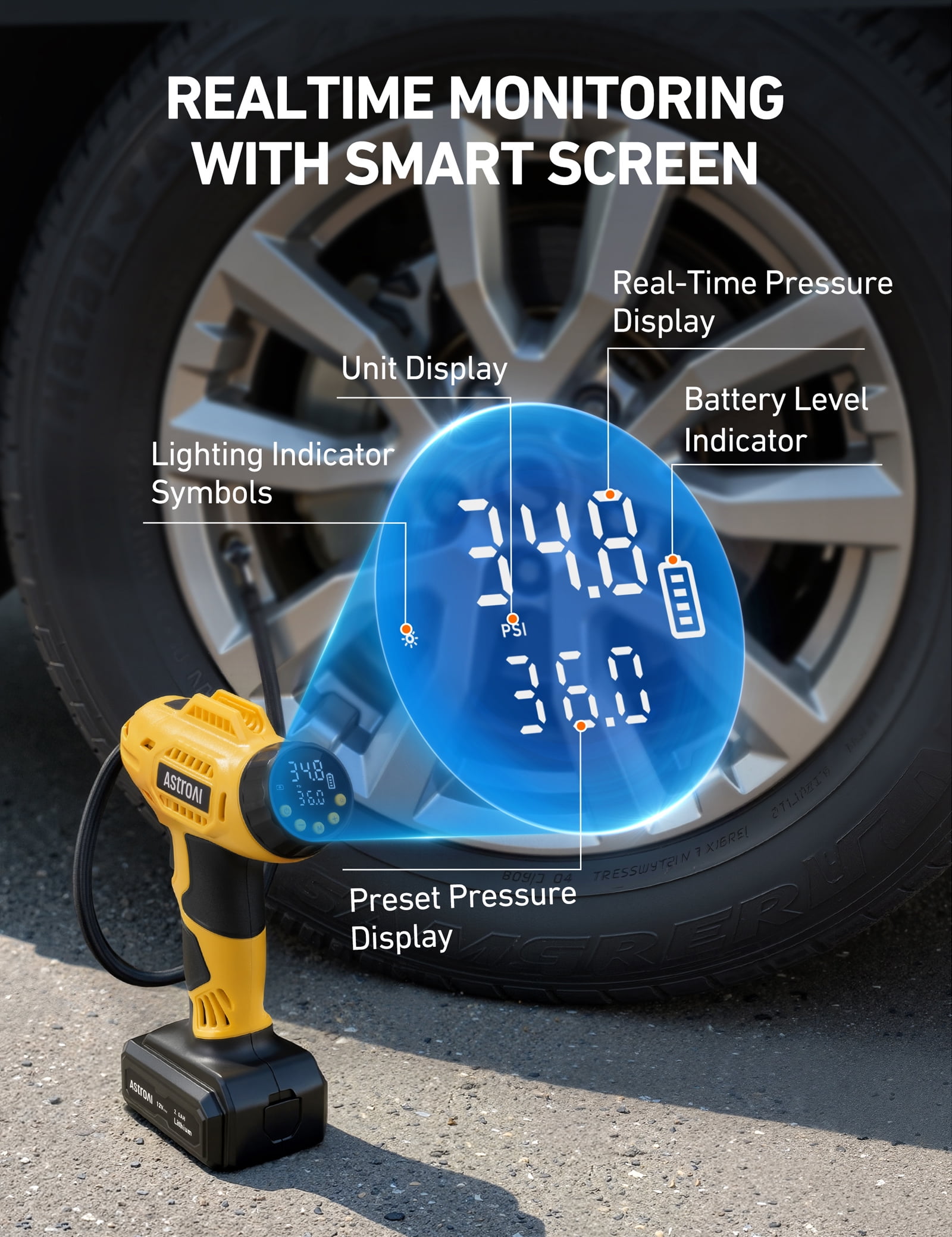AstroAI C3 Cordless Tire Inflator Air Compressor 12V Rechargeable Battery Powered 160PSI