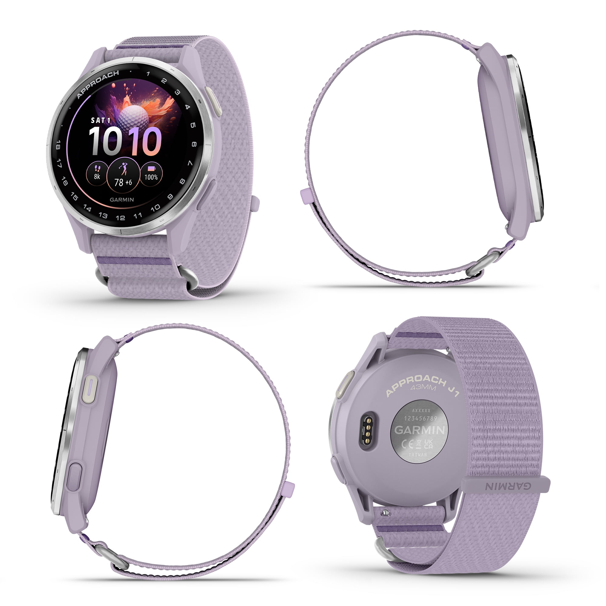 Garmin Approach J1 Junior GPS Golf Smartwatch, Silver Aluminum Bezel with Lilac ComfortFit Fabric Band, Features for Learning and Improving, Pace of Play Timer Bundle