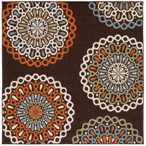 SAFAVIEH Veranda Axum Geometric Indoor/Outdoor Area Rug, Chocolate/Terracotta, 3' x 3' Square