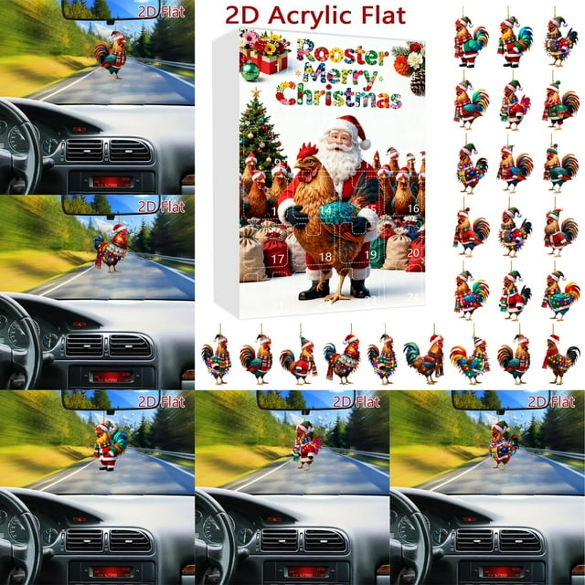 Rooster Advent Calendar Ornament Set Featuring Santa Hat And Festive Scarf For Holiday Countdown Decorations