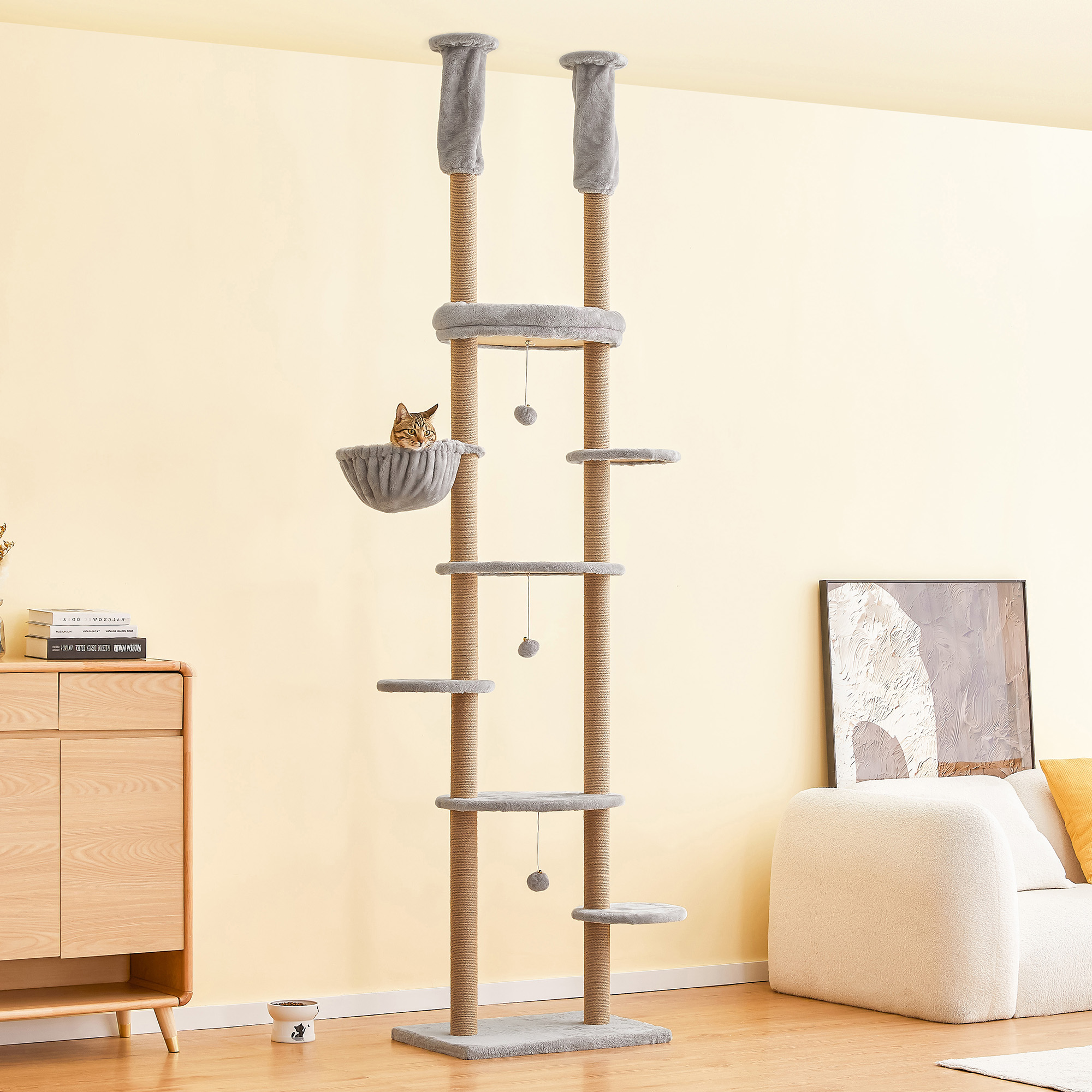 Furcato 92.1"-101.6" Adjustable Height Cat Tree, Floor to Ceiling Cat Tower, 7 Tiers Cat Climbing Tree with Hammock, Fully Sisal Scratching Posts for Indoor Cats, Light Grey