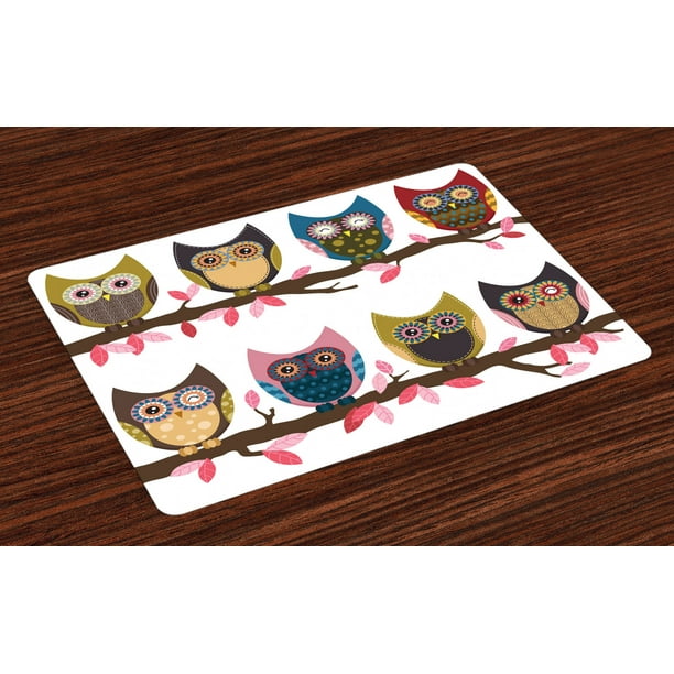 Owls Placemats Set of 4 Group of Owls Cute Facial Expressions Winking