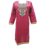 Mogul Womens  Maroon Indian Kurta Long Cotton Kurti Embroidered Tunic Dress