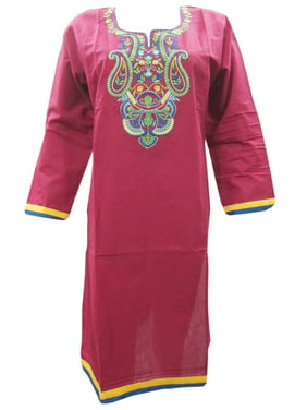 Mogul Womens  Maroon Indian Kurta Long Cotton Kurti Embroidered Tunic Dress
