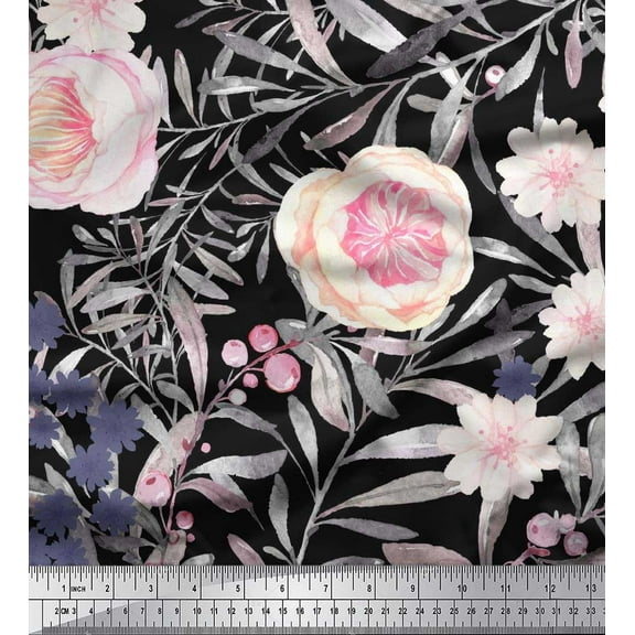 Soimoi Black Cotton Duck Fabric Leaves & Rose Flower Decor Fabric Printed BTY 42 Inch Wide