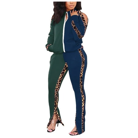 

Dadaria 2 Piece Outfits for Women Pants Sets Casual Sportswear Long sleeved Zipper Leopard Trousers Suit Green XXL Female