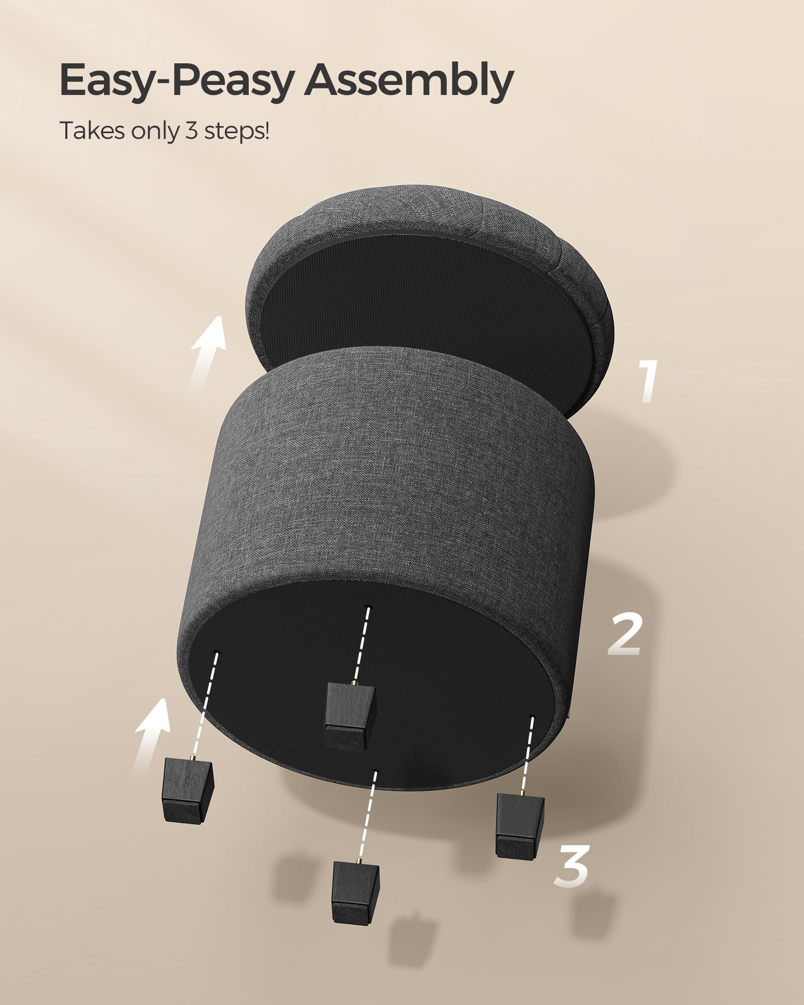 SONGMICS Round Storage Ottoman with Sturdy Legs, 17.7 Inch Diameter Foot Rest, Footstool Holds 330 lbs, Dark Gray