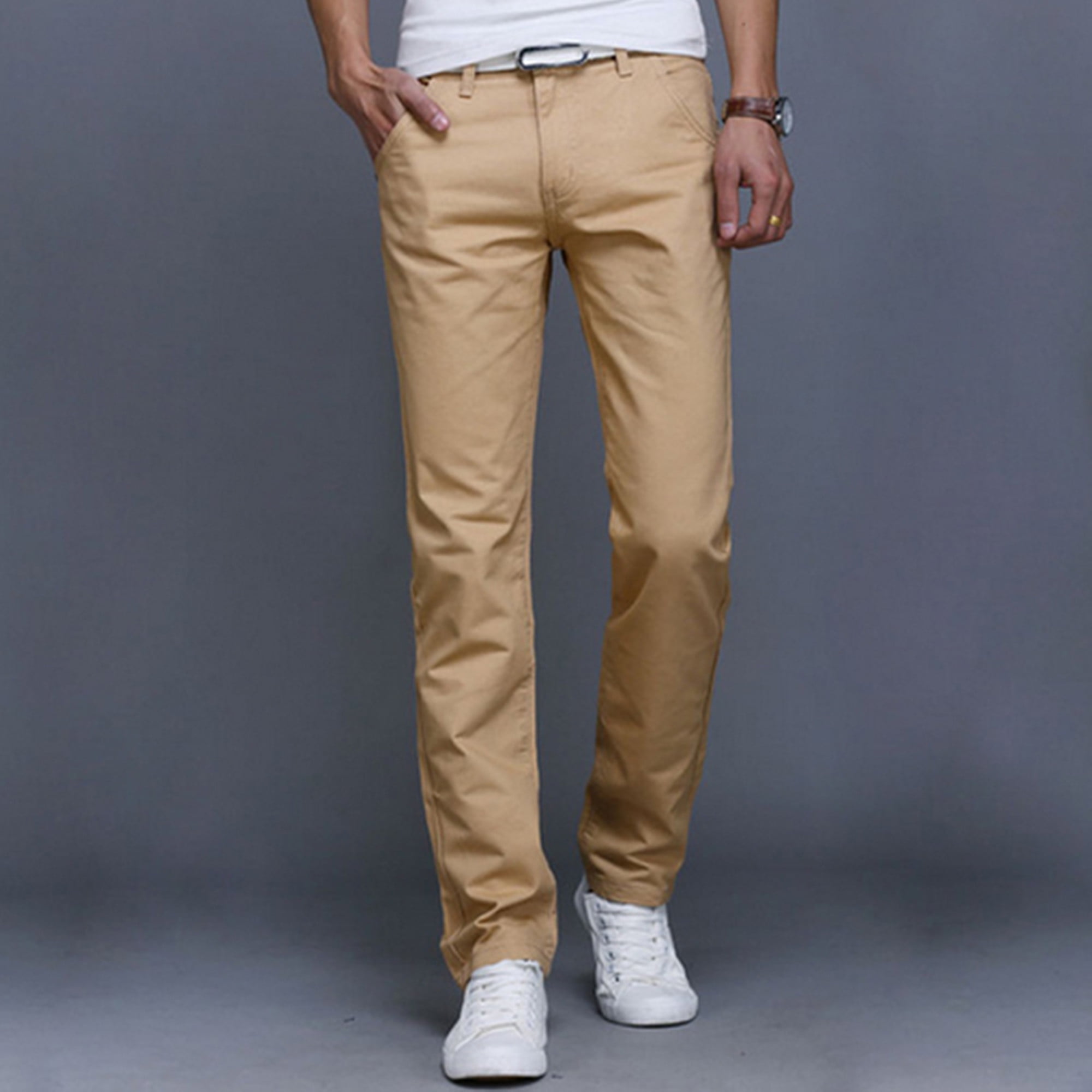 Mens Solid Chino Formal Work Slacks Casual Dress Pants Straight Pencil Trousers 