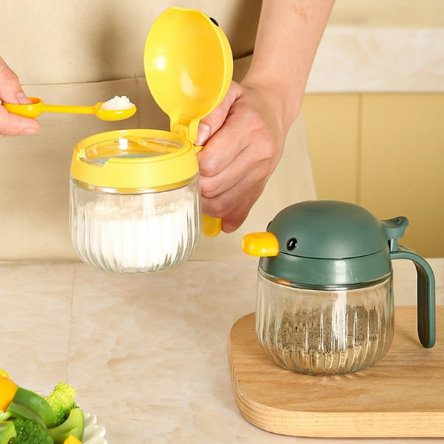 Frasco de sazonado de vidrio – Recipiente hermético de almacenamiento de gran capacidad, transparente verde, amarillo cuantitativo, antideslizante, seguro para alimentos 12,4x10,1x8,6cm – 1Pc