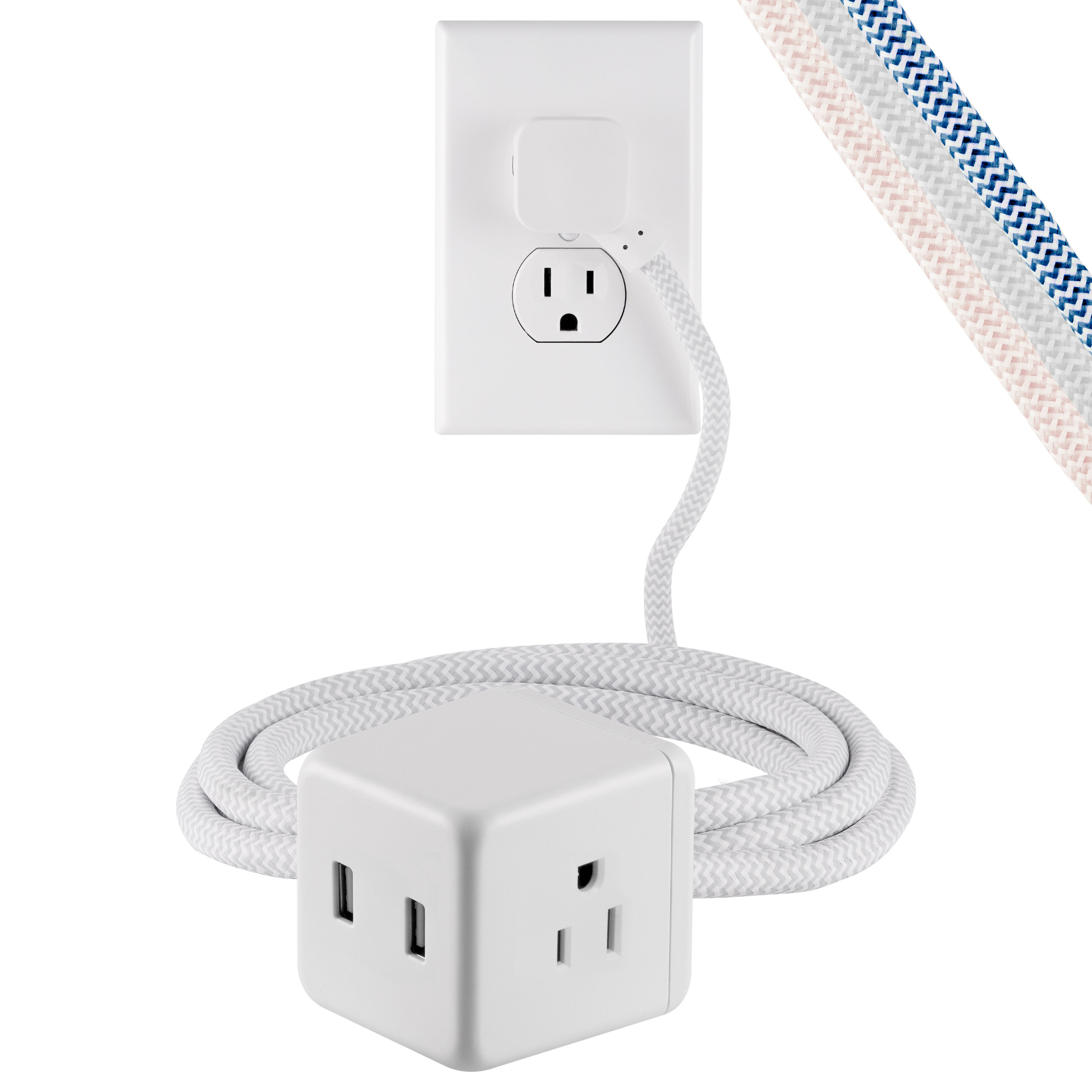 Cordinate 3 Outlet Cube Power Strip with 2 USB Ports, 2.4A, 5ft Braided Cord