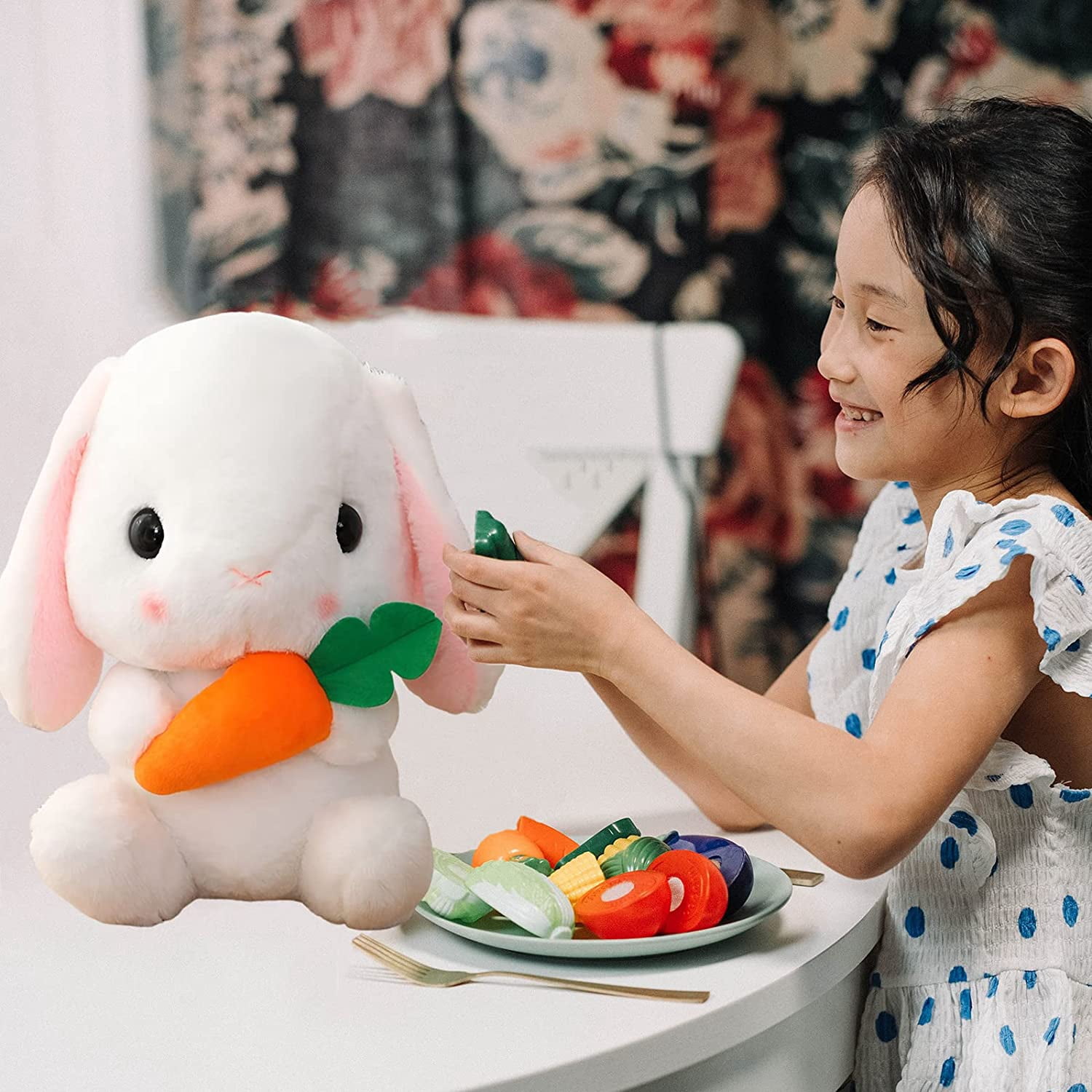 Soft Toy - Sitting Lop Eared Rabbit, Easter White Rabbit Stuffed Bunny Animal with Carrot Soft Lovely Realistic Long-Eared Standing Pink Plush Toys (White-Carrot,12.5in/32cm)