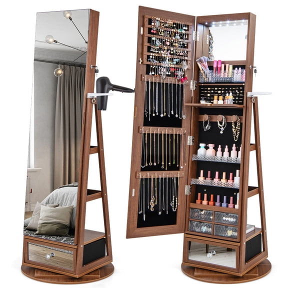 Furnibear Lockable 360° Swivel Jewelry Cabinet with Full, Walnut - Full Length Mirror Cabinet for Rings Necklaces Earrings