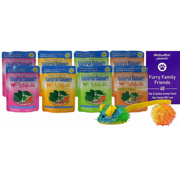 Cat Food, Platefulls  8 Pouch Variety, (2) Each: Chicken Salmon, Turkey Duck Chicken, Chicken Giblets, Chicken Liver (3 Ounces)   MerlinsMart Zine & 2 Catnip Toys | Natural Balance