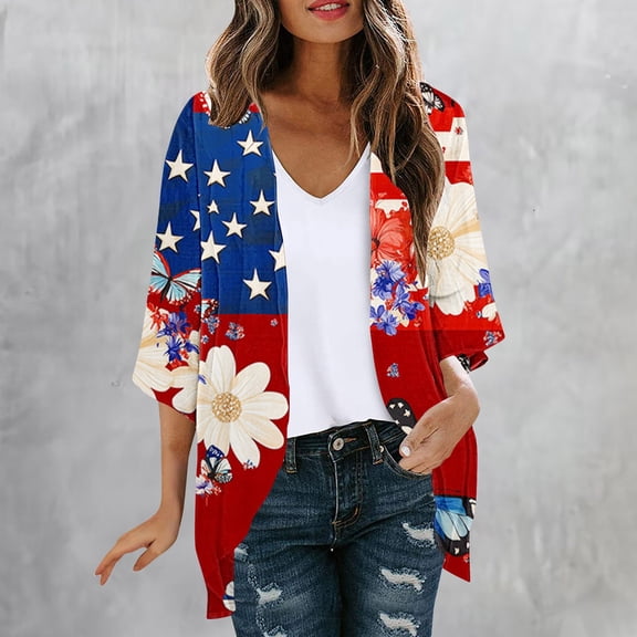 Womens Red White Blue Cover Ups Kimono American Flag Plus Cardigan 3/4 Length Sleeve Summer 4Th of July Cardigans