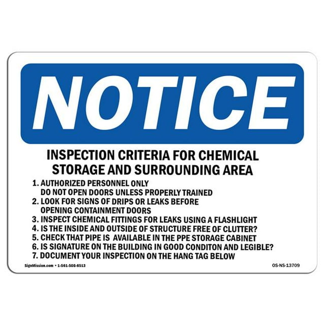 SignMission OS-NS-D-1014-L-13709 OSHA Notice Sign - Inspection Criteria for Chemical Storage
