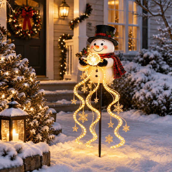 Snowman Magic Fountain, Flowing Snowflake LED Christmas Garden Light, Solar Outdoor Holiday Decoration with Yard Stake, Christmas Decorations