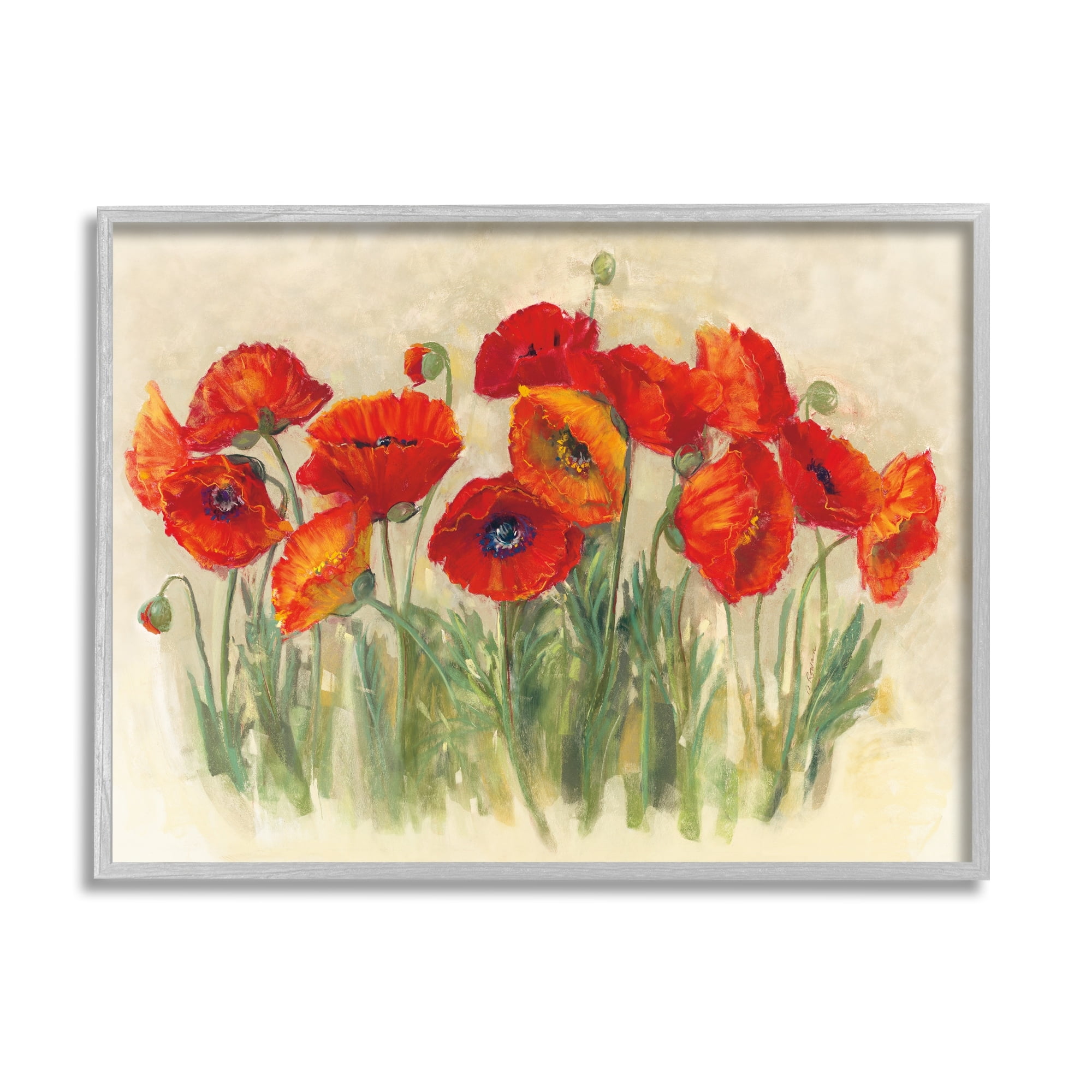 Stupell Industries Red Poppy Florals Soft Green Meadow Grass Black Framed, 11 x 14, Design by Carol Rowan