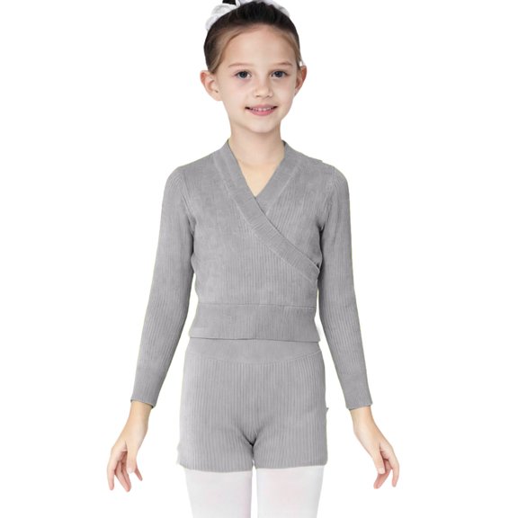 LEKWK Girls Wrap Top V Neck Long Sleeve Knit Sweater Soft Ribbed Cardigan Ballet Dance Gymnastics Warm Up Wear
