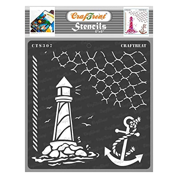CrafTreat Lighthouse Stencils for Painting on Wood, Canvas, Paper, Fabric, Floor, Wall and Tile - Nautical - 6x6 Inches - Reusable DIY Art and Craft Stencils - Large Nautical Stencils