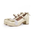 thumbnail image 2 of YOWMNS Women's Bow Platform Mary Jane Pumps Kawaii Ankle Strap Patent Leather Block Chunky Heel Ruffles Closed Toe Party Shoes (Beige,8.5), 2 of 5