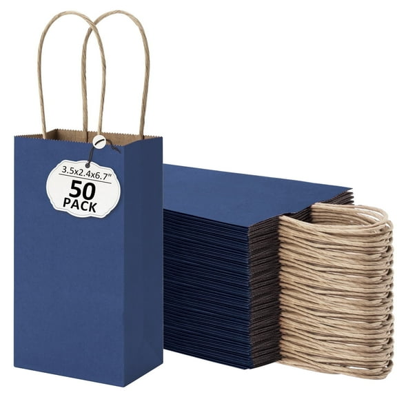 BagDream 50 Pack Mini Navy Blue Gift Bags with Handles Kraft Paper Bag for Party Favors, Wedding, Retails, Birthday, Baby Showers, 3.5x2.4x6.7 inches