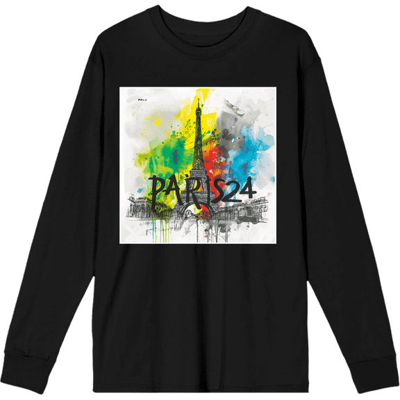 Colorful Eiffel Tower Adult Black Crew Neck Long Sleeve Tee-Medium