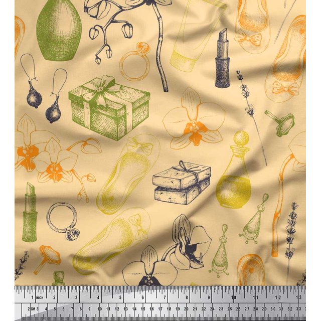 Soimoi Rayon Crepe Fabric Jewelry,Bellies & Lipstick Fashion Decor Fabric Printed Yard 46 Inch Wide