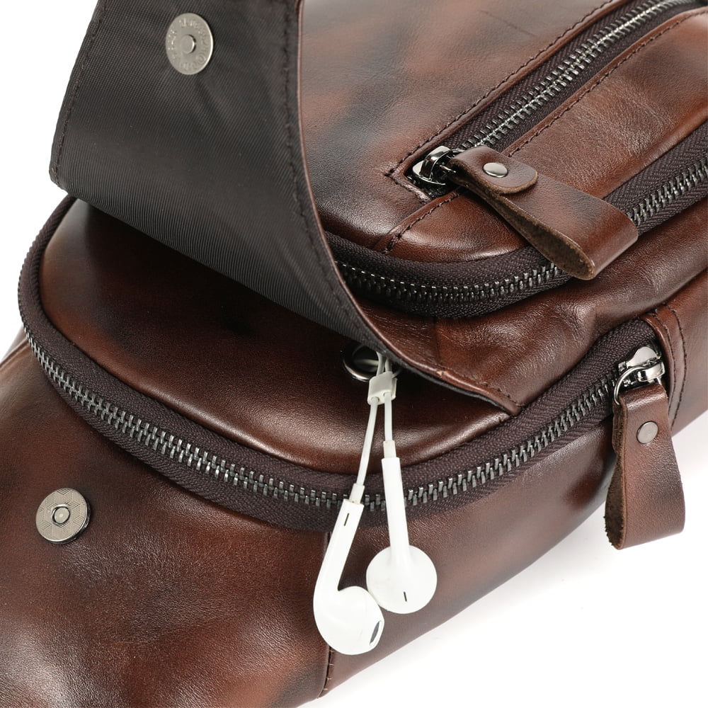 LEBULLBRO Sling Bag for Men Genuine Leather Chest Bag Crossbody Backpack Travel Hiking Outdoor Sports Brown Coffee