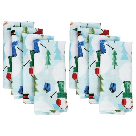 Newbridge Blue Snowman Fun and Evergreen Christmas Set of 8 Fabric Dining Napkins