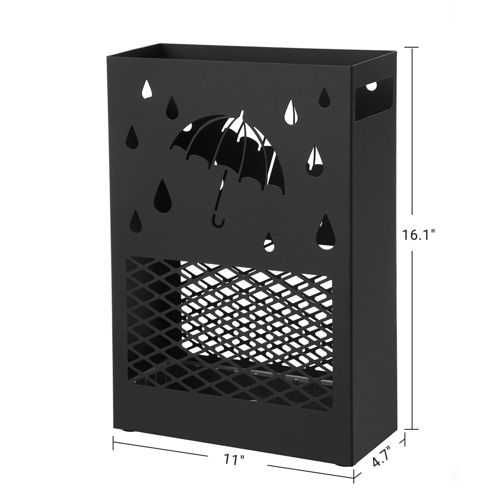 SONGMICS Metal Umbrella Stand, Rectangular Umbrella Holder Rack, with a Removable Drip Tray, 4 Hooks, Cutout Design, for Entryway, Office, Black