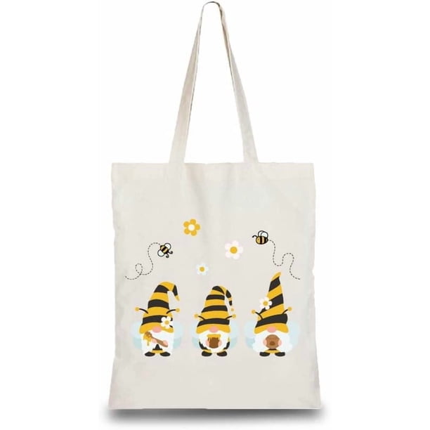 Bolsa de algodón reutilizable con diseño de abeja y gnomo, ideal para la compra en la playa, para el verano, para manualidades, estéticas y ecológicas.