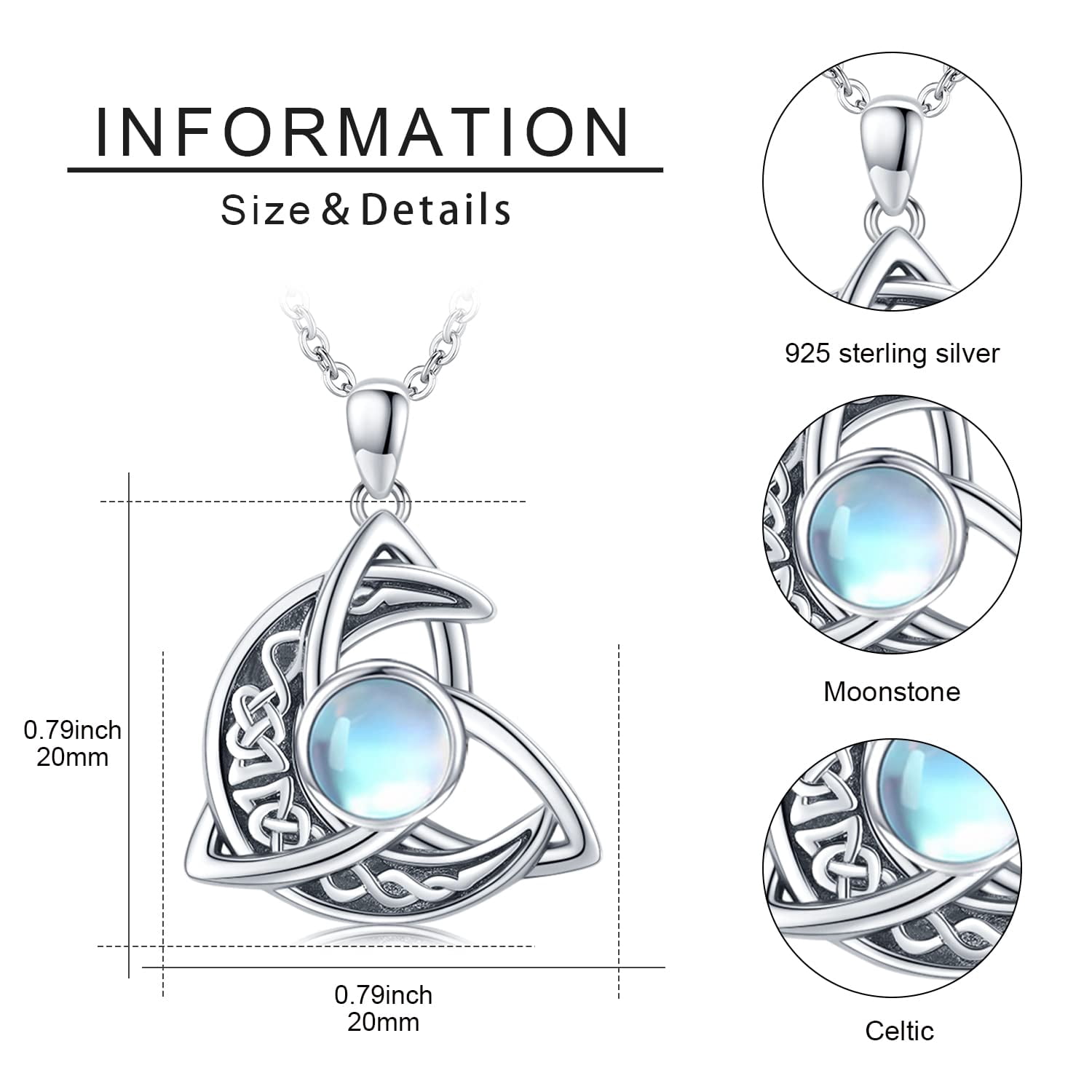 Coachuhhar Celtic Moonstone Necklace 925 Sterling Silver Celtic Knot Moon Pendant Crescent Irish Necklace Jewelry Gift for Women Men