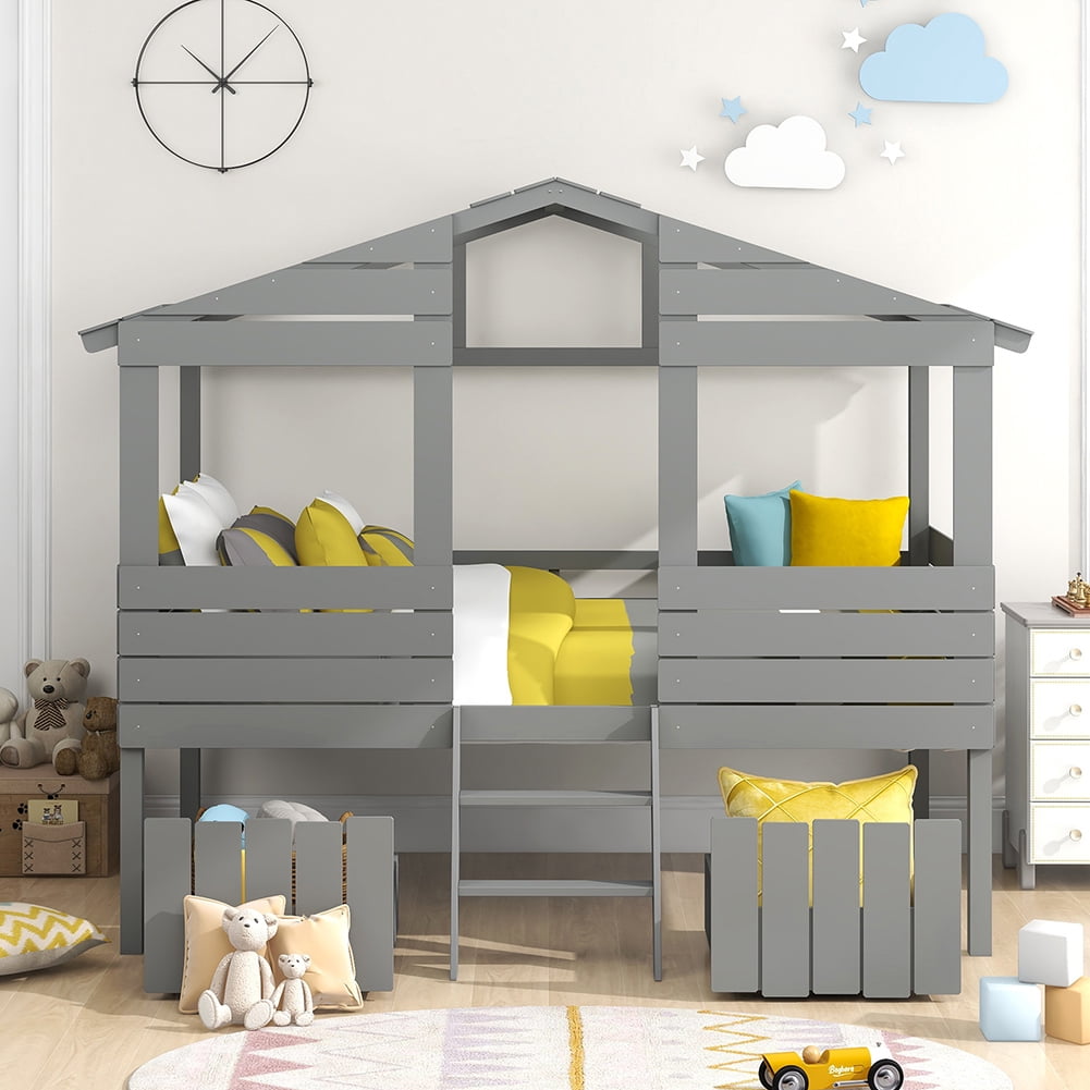 Kadyn kids Bunk Loft Bed with Two Drawers, Windows and Roof Design, Gray Kadyn kids Bunk Loft Bed with Two Drawers, Windows and Roof Design, Gray