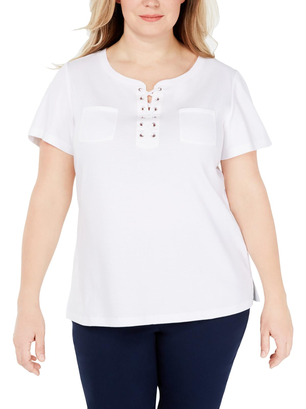 Karen Scott Plus Size Cotton Henley T-Shirt in Bright White 