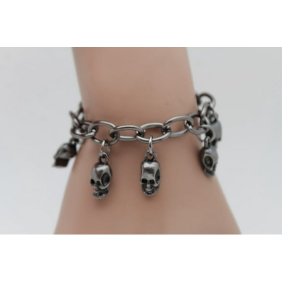 Women Pewter Color Metal Chain Gothic Bracelet Biker Fashion Jewelry Skull Charm