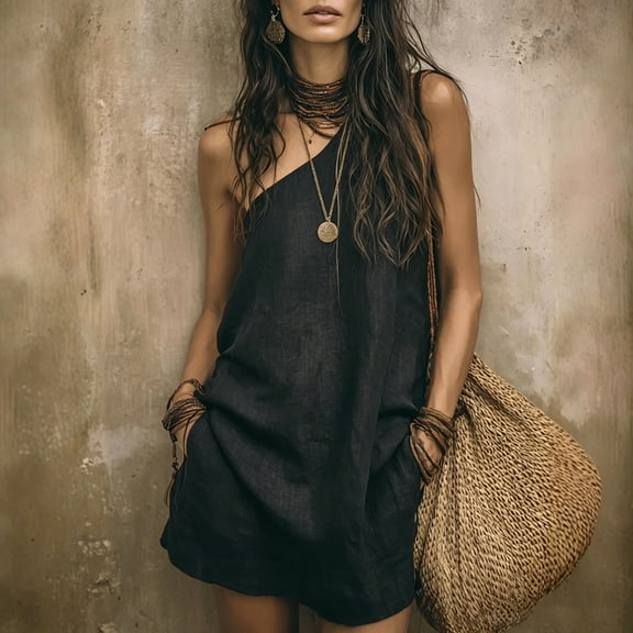Morttic Women's One-Shoulder Solid Color Mini Dress – Loose Sleeveless A-Line Dress with Side Pockets Summer Vacation Outfit Black,S