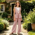 thumbnail image 6 of Ynynloco Girl's 2 Piece Summer Outfits Bow Striped Ruffle Peplum Tank Top Matching Wide Leg Pants Cute Clothing Sets 9-16 Years, 6 of 8