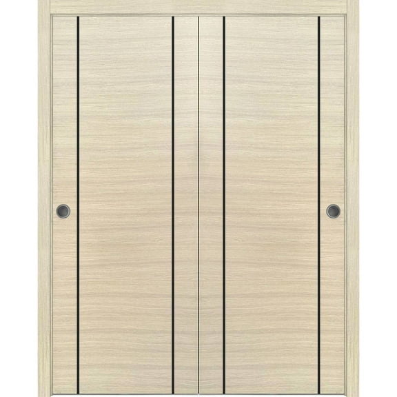 Sliding Closet Bypass Doors 36 x 80 inches | Planum 0017 Natural Veneer with Frosted Glass | Sturdy Rails Moldings Trims Hardware Set | Wood Solid Bedroom Wardrobe Doors
