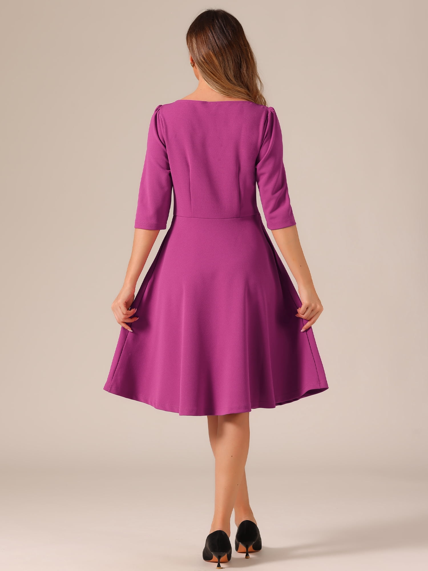 DARING DIVA Midi Boat Neck Short Sleeves A-Line Office Dress XS Purple