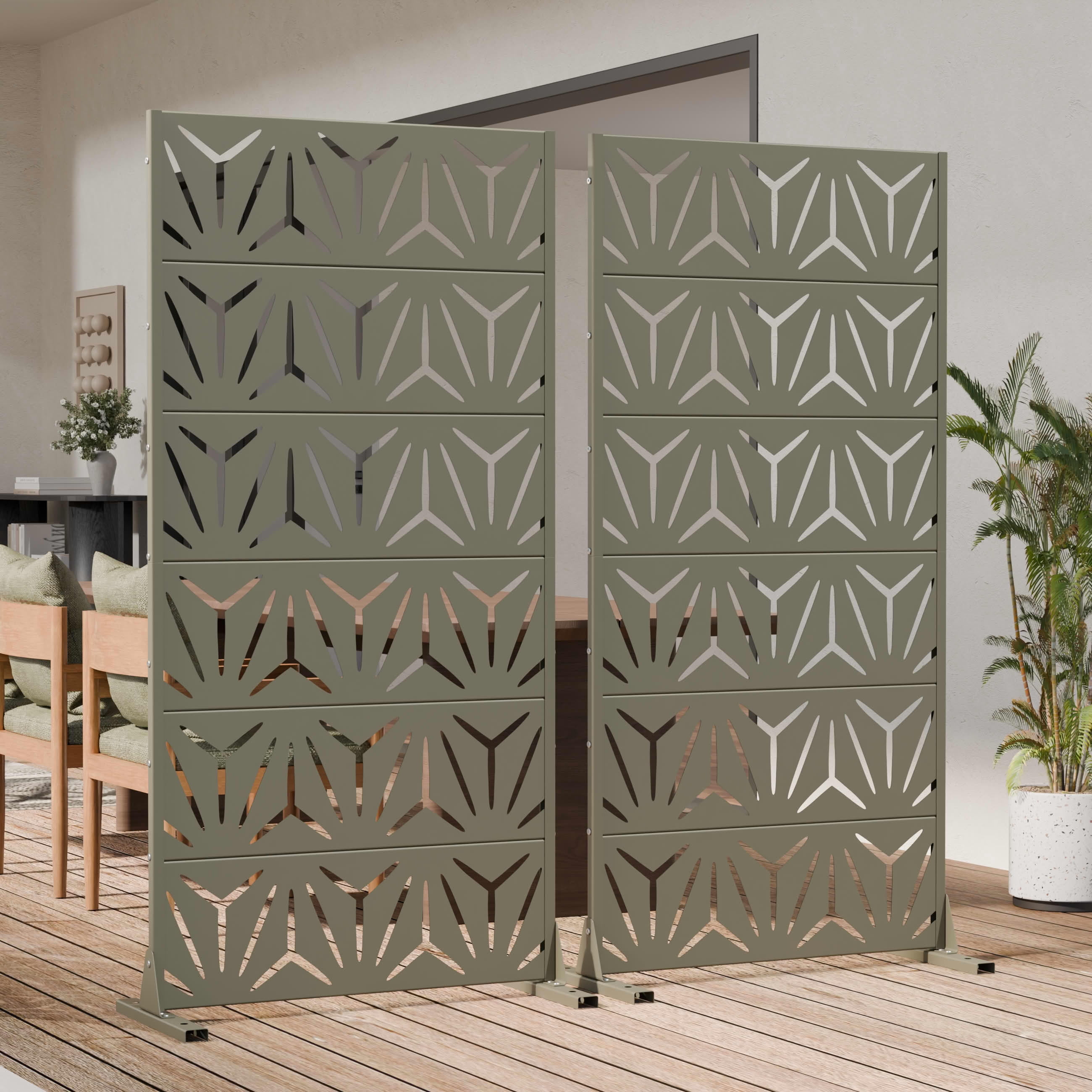 MAYEERTY Outdoor Metal Privacy Screen 6ft × 3ft Olive Gray, 6-Panel Geometric Y-Pattern Decorative Screen for Patio