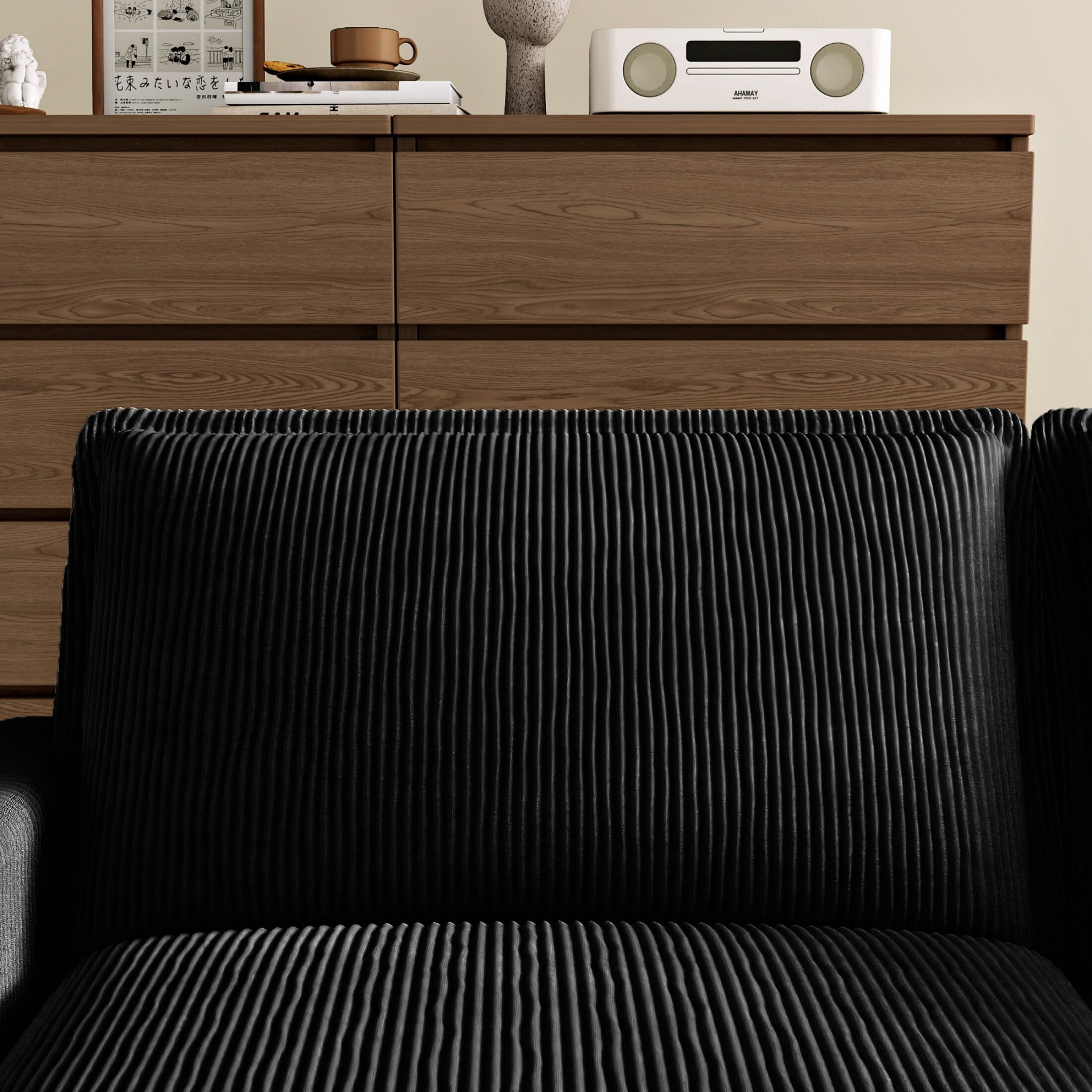 AENKYO 70.86'' Oversized Deep Seat Loveseat Sofa, Corduroy 2-Seater Couch with 4 Pillows, Black