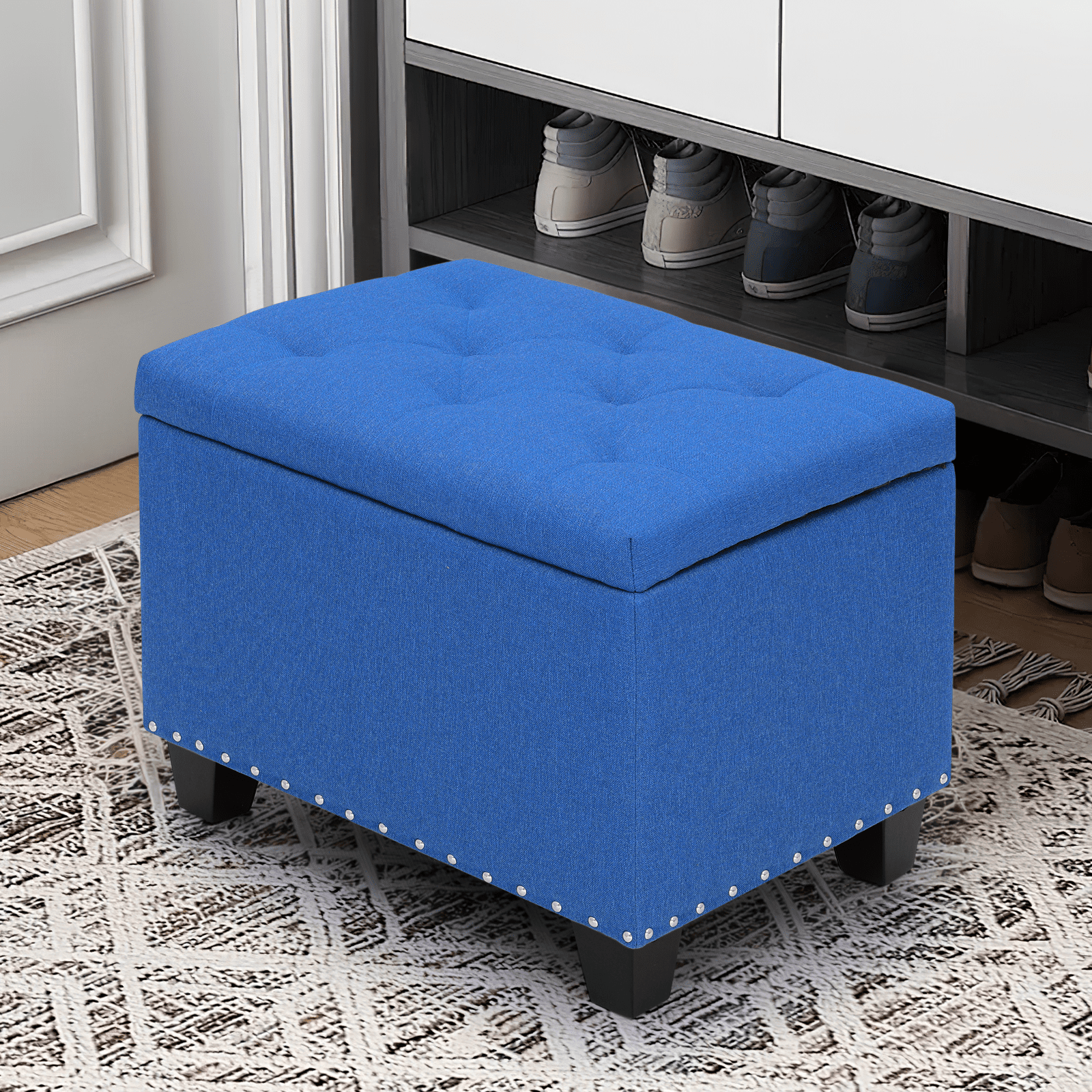 MoNiBloom Microfiber Storage Ottoman with Wooden Legs, Tufted Upholstered Ottoman Couch Bench Chair Footrest Footstool for Living Room Bedroom, Navy Blue